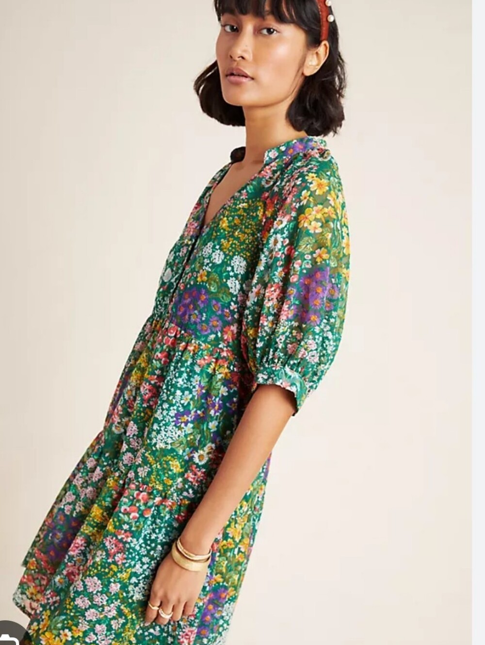 Maeve Anthropologie Melinda Tiered Tunic Dress Green Floral Size XS